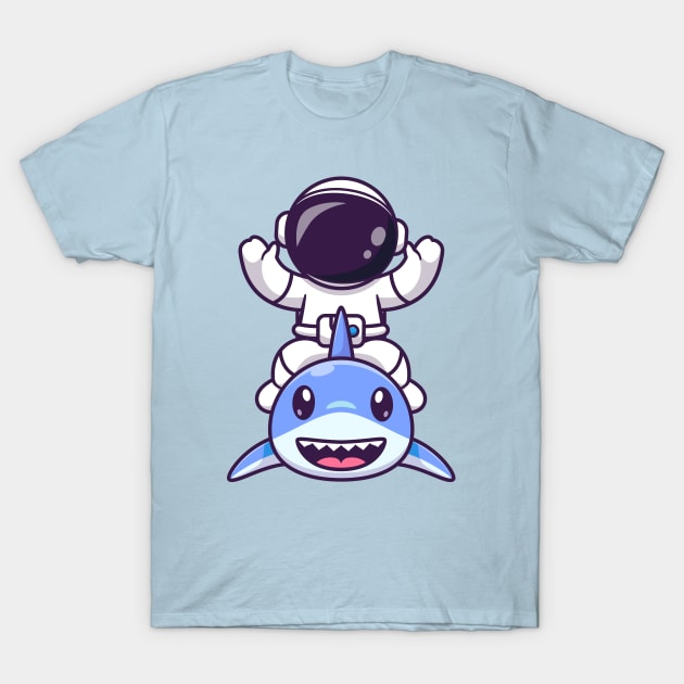 Cute Astronaut With Cute Shark Cartoon T-Shirt by Catalyst Labs